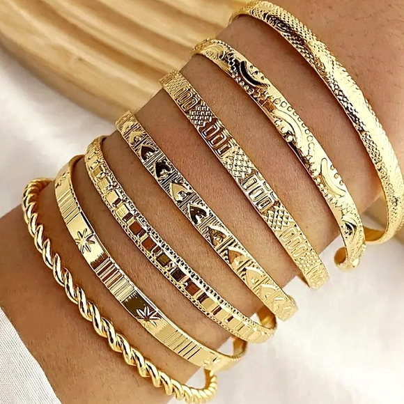 Goldtone Bangle Bracelets, 7pc set - Picture 1 of 4